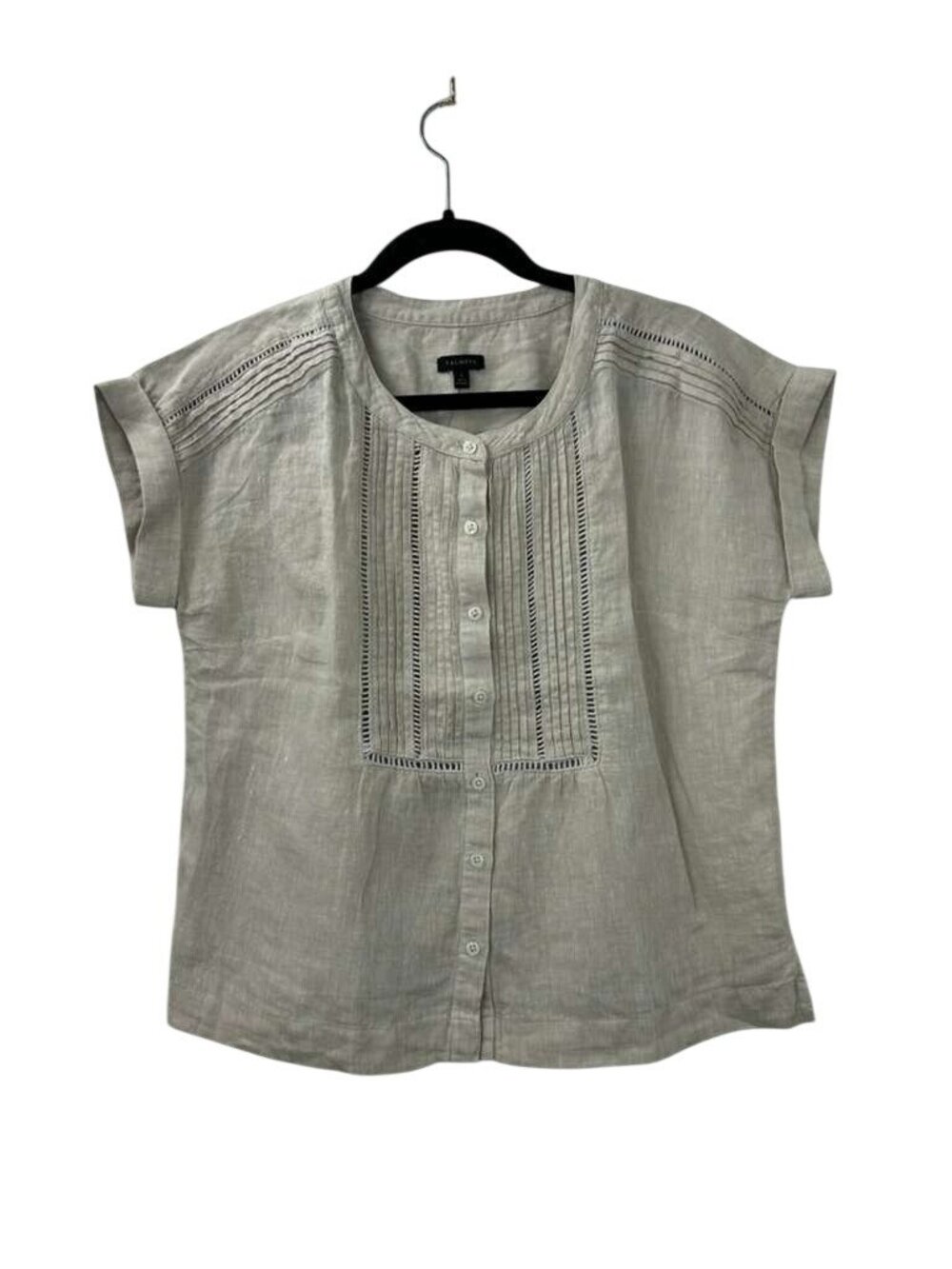 Talbots Women's S 100% Linen Blouse Beige Pintuck Lace Trim Button Down Top NWT - Picture 2 of 16